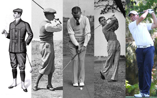 A side-by-side comparison of five different generations of golf outfits, showcasing the evolution of golf fashion from traditional attire to modern performance-driven apparel.